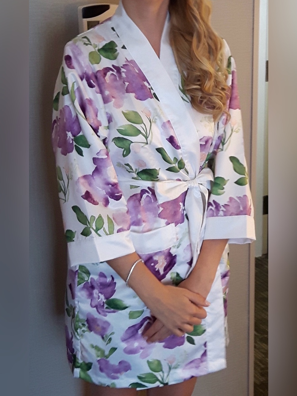 Bridal Floral Satin Kimono Robe - Purple Ivory